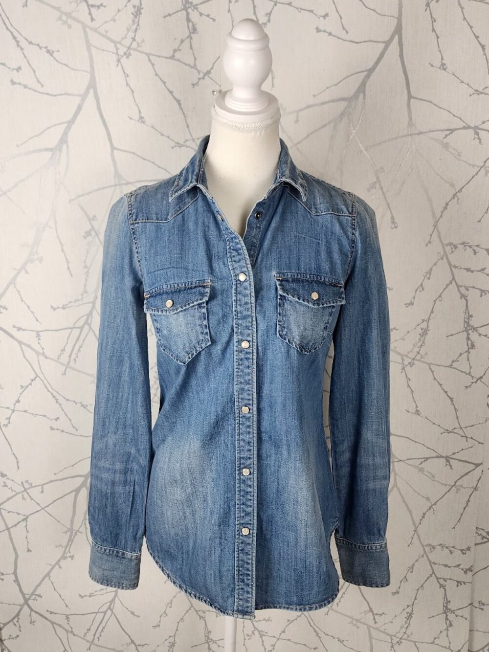 J. Crew Cotton Chambray Denim Pearl Snap Western Blouse